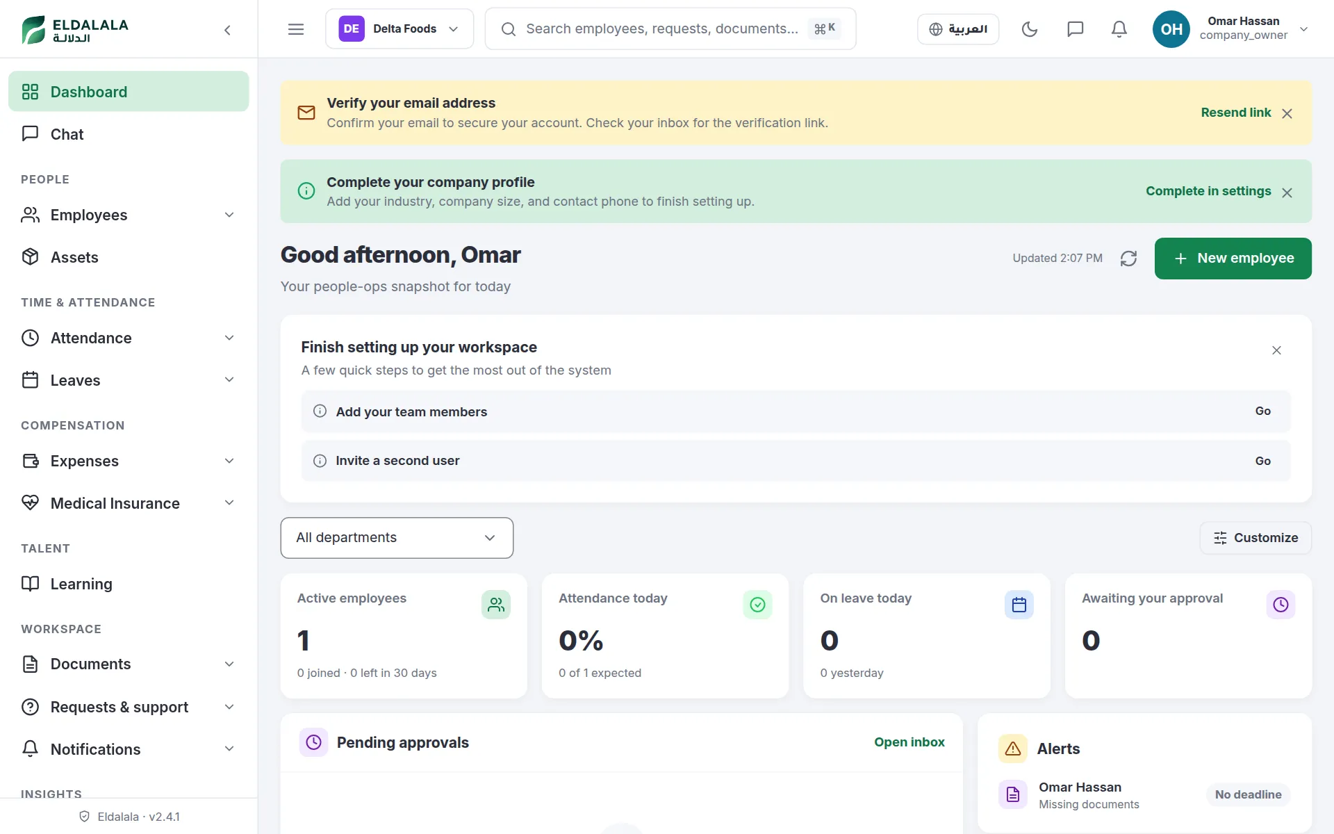 Good afternoon, Omar · Eldalala — /dashboard
