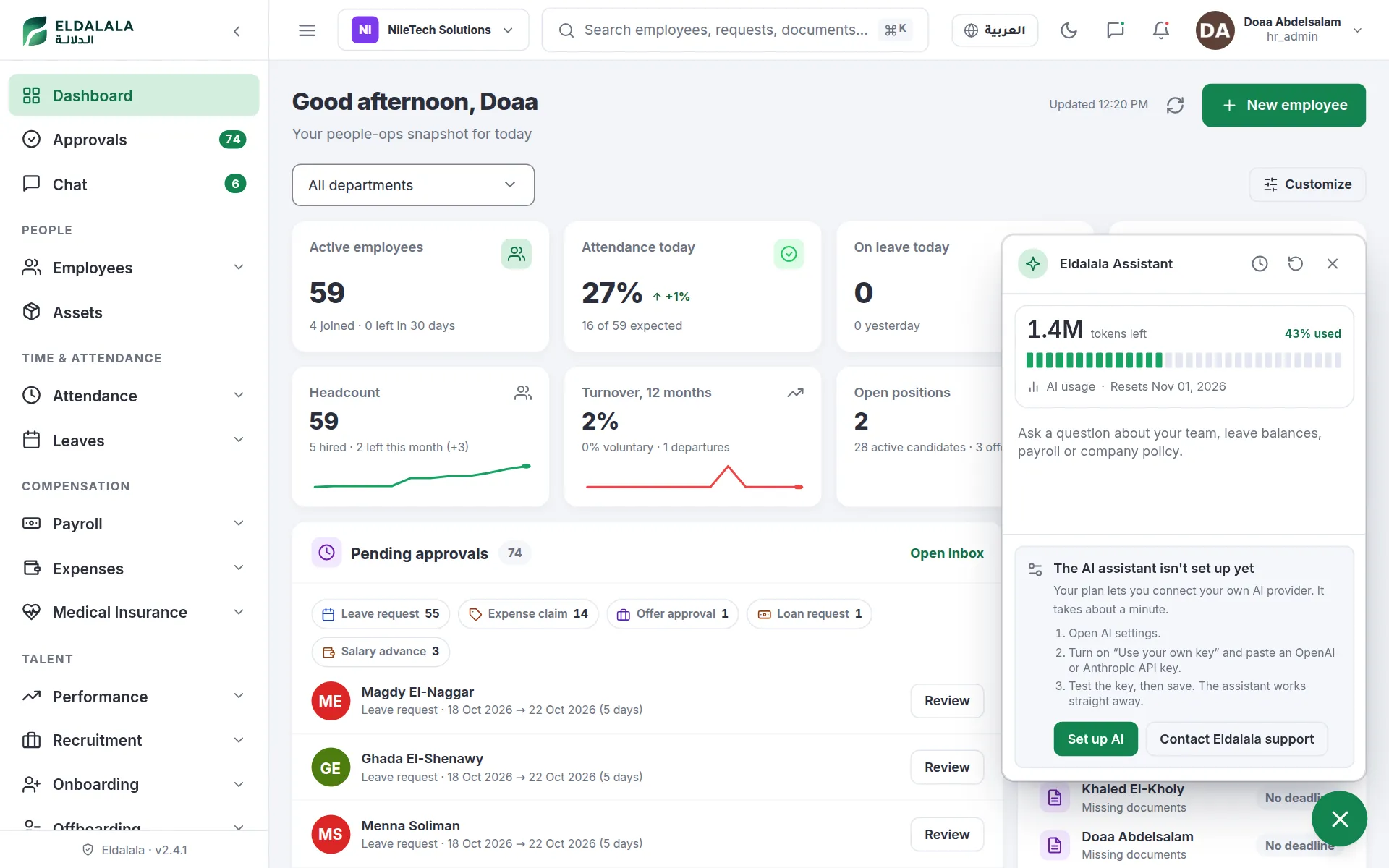 Good afternoon, Doaa · Eldalala — /dashboard