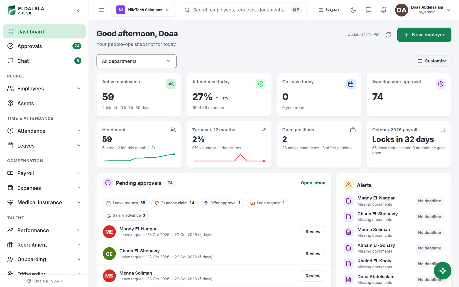Good afternoon, Doaa · Eldalala — /dashboard