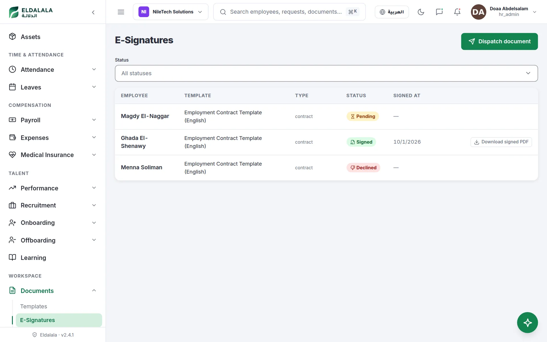 E-Signatures · Eldalala — /documents/signatures