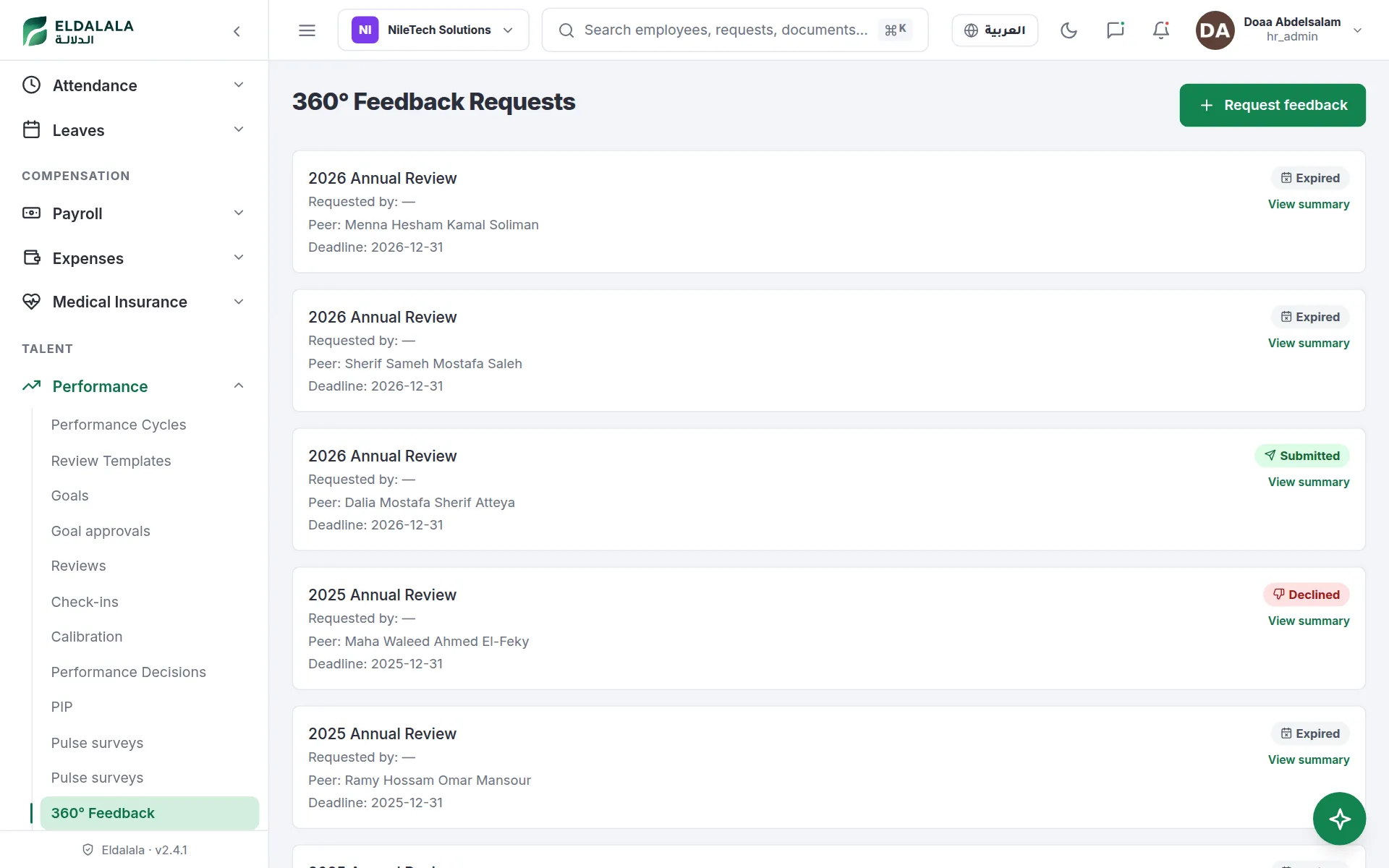 360° Feedback Requests · Eldalala — /feedback-requests