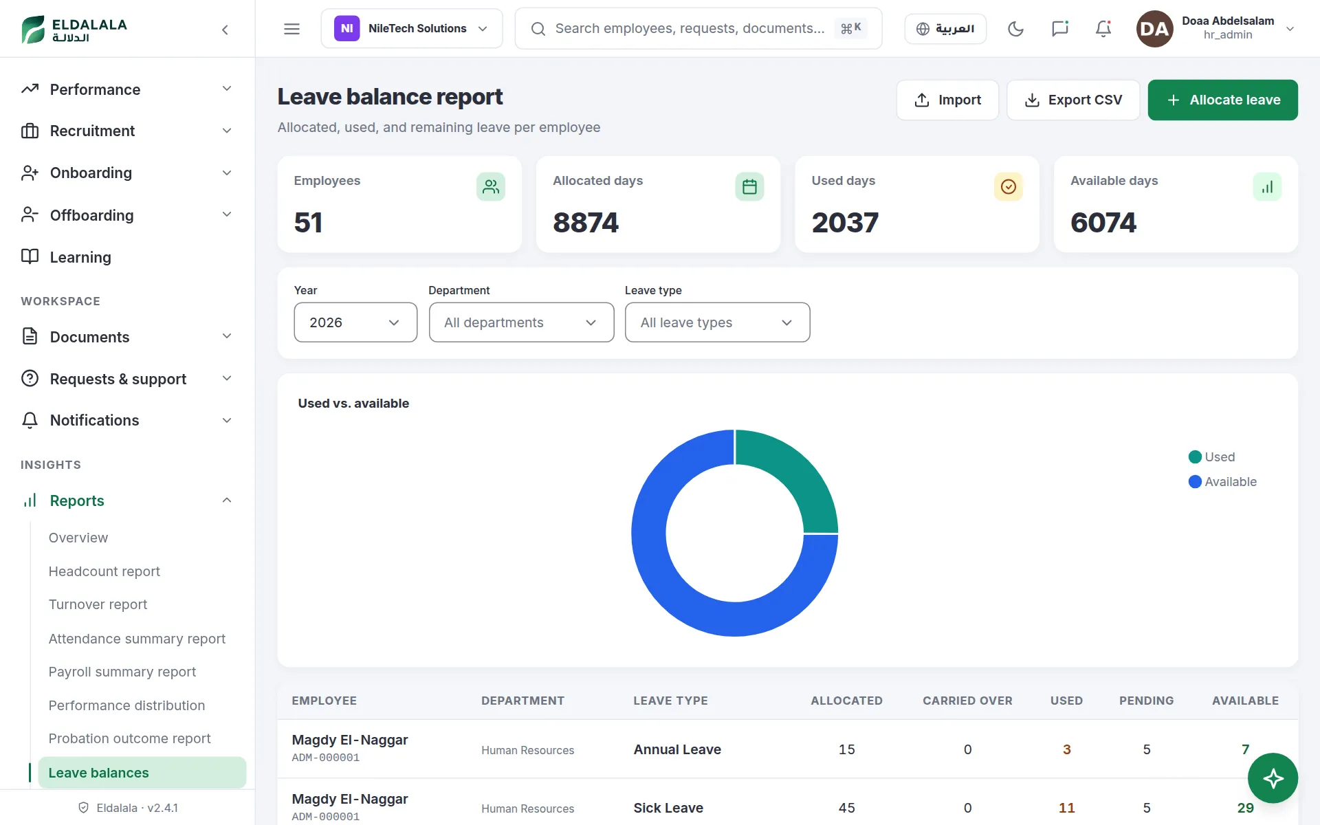 Leave balance report · Eldalala — /leave-balance-report
